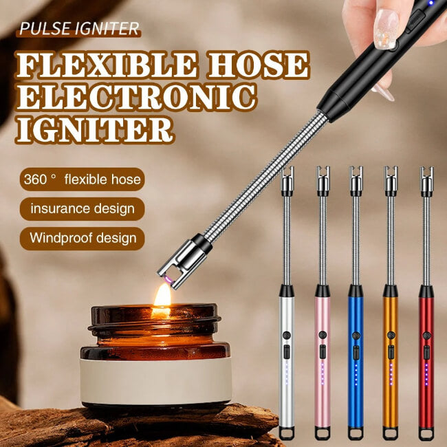 Flexible hose electronic igniter with multiple color options being used to light a candle.