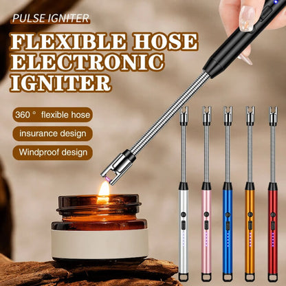 Flexible hose electronic igniter with multiple color options being used to light a candle.