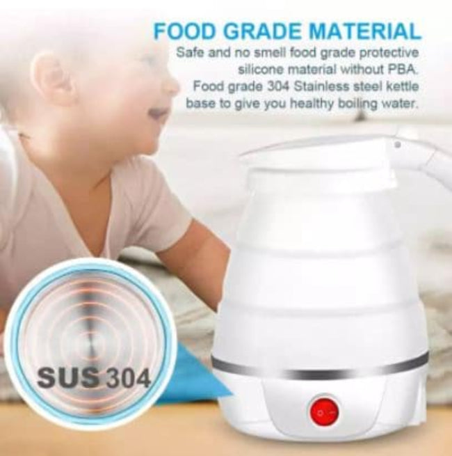 Foldable electric travel kettle with a 600ML capacity, shown both collapsed flat and fully expanded, highlighting the portable silicone body.