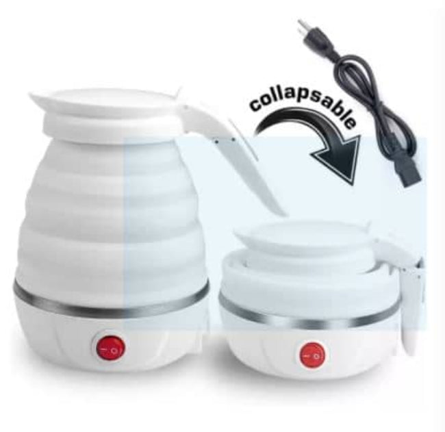 Foldable electric travel kettle with a 600ML capacity, shown both collapsed flat and fully expanded, highlighting the portable silicone body.