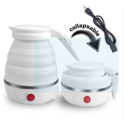 Foldable electric travel kettle with a 600ML capacity, shown both collapsed flat and fully expanded, highlighting the portable silicone body.