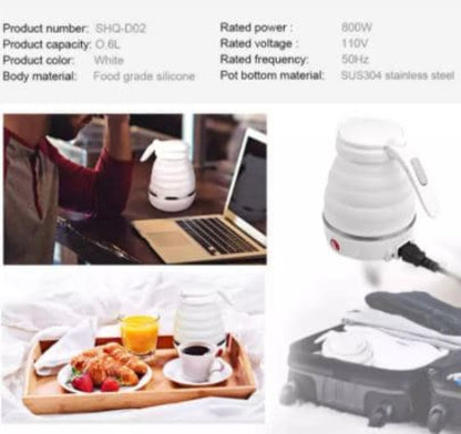 Foldable electric travel kettle with a 600ML capacity, shown both collapsed flat and fully expanded, highlighting the portable silicone body.