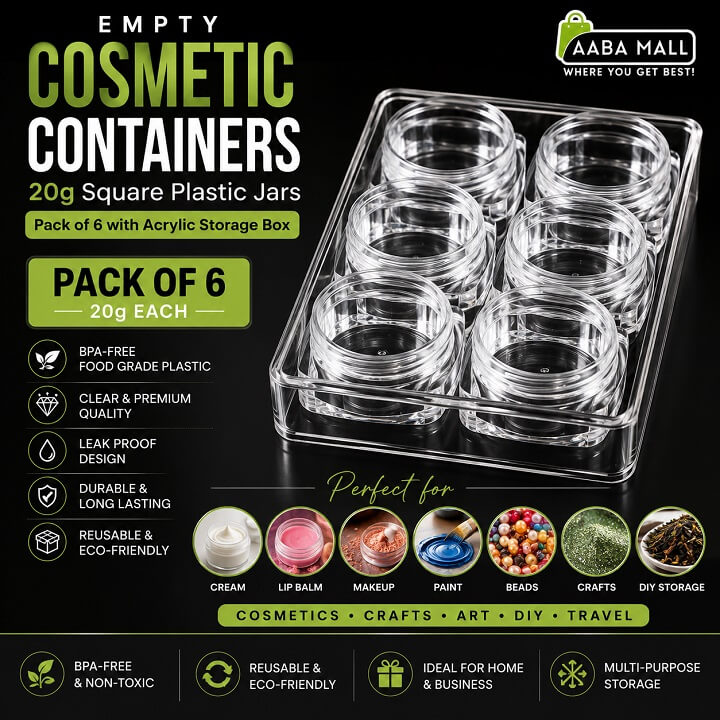 20g Empty Cosmetic Containers Pack of 6 with Acrylic Storage Box. BPA-Free Square Plastic Jars for Cream, Lip Balm, Makeup, Crafts, Paint, Beads & DIY Storage | AabaMall.pk