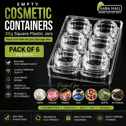20g Empty Cosmetic Containers Pack of 6 with Acrylic Storage Box. BPA-Free Square Plastic Jars for Cream, Lip Balm, Makeup, Crafts, Paint, Beads & DIY Storage | AabaMall.pk