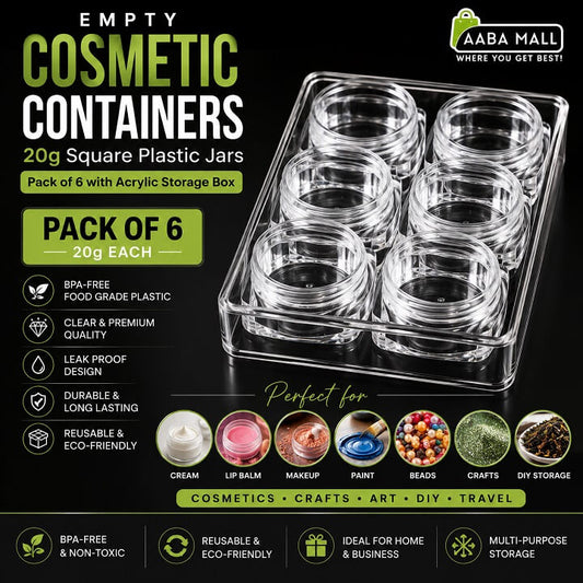 20g Empty Cosmetic Containers Pack of 6 with Acrylic Storage Box. BPA-Free Square Plastic Jars for Cream, Lip Balm, Makeup, Crafts, Paint, Beads & DIY Storage | AabaMall.pk