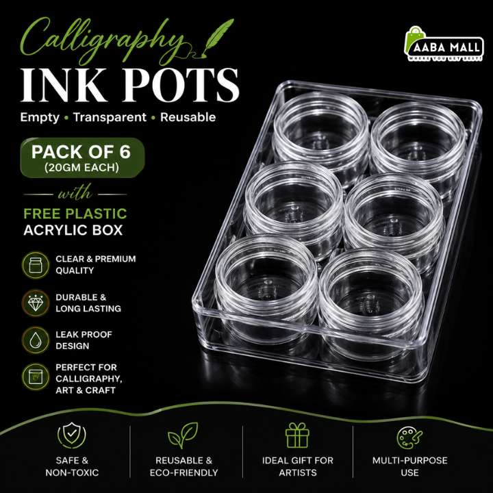 Pack of 6 reusable clear acrylic ink pots in a transparent rectangular tray, shown on a black promotional background with text highlighting features and an AABA Mall logo.