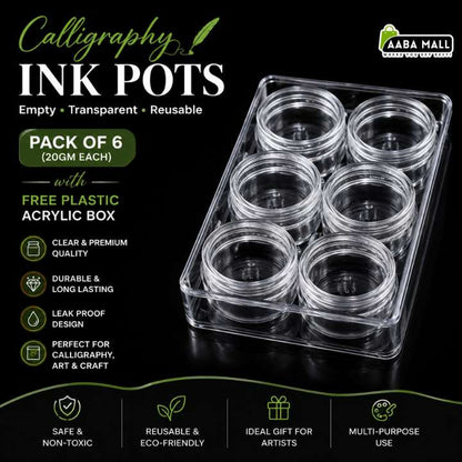 Pack of 6 reusable clear acrylic ink pots in a transparent rectangular tray, shown on a black promotional background with text highlighting features and an AABA Mall logo.