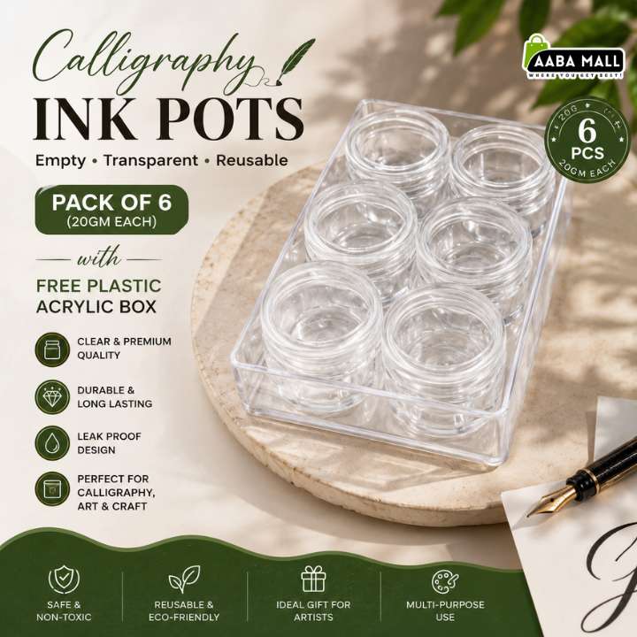 Six small clear acrylic calligraphy ink pots in a transparent plastic tray, shown on a wooden board with decorative text and calligraphy-themed graphics. The image includes product features, a 'Pack of 6' badge, an AABA Mall logo, and a fountain pen.