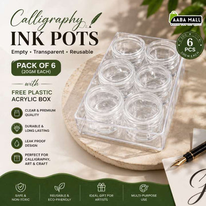 Six small clear acrylic calligraphy ink pots in a transparent plastic tray, shown on a wooden board with decorative text and calligraphy-themed graphics. The image includes product features, a 'Pack of 6' badge, an AABA Mall logo, and a fountain pen.