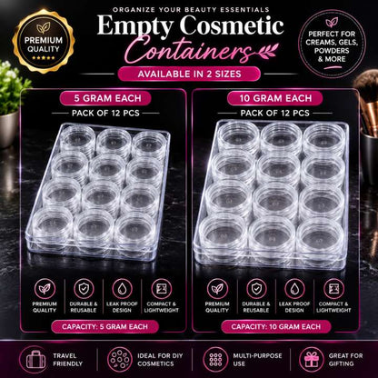 Empty Cosmetic Containers 5g & 10g Square BPA-Free Plastic Cream Jars (Pack of 12) with Acrylic Storage Box for Makeup, Lip Balm & Skincare | AabaMall.pk Pakistan