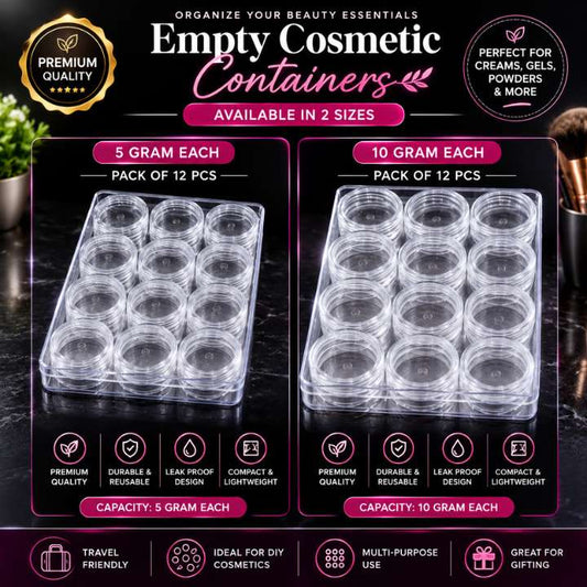 Empty Cosmetic Containers 5g & 10g Square BPA-Free Plastic Cream Jars (Pack of 12) with Acrylic Storage Box for Makeup, Lip Balm & Skincare | AabaMall.pk Pakistan