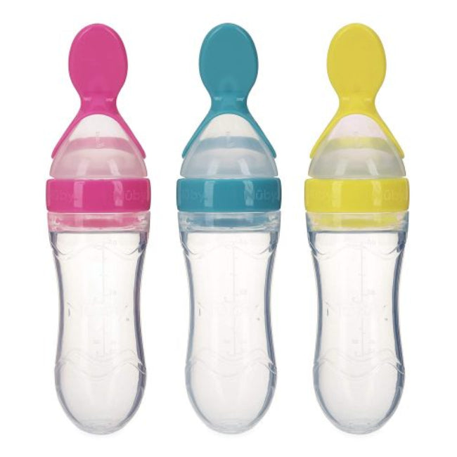 Close-up of a soft silicone baby squeeze feeder spoon, with orange pumpkin puree visible inside the bottle, illustrating the easy-to-squeeze, one-handed feeding method.