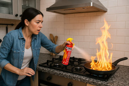 Woman using a Fire Stop portable fire extinguisher on a frying pan fire in a kitchen