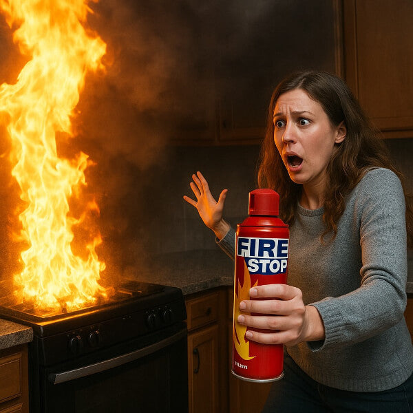 Woman holding a Fire Stop portable fire extinguisher in front of a kitchen fire
