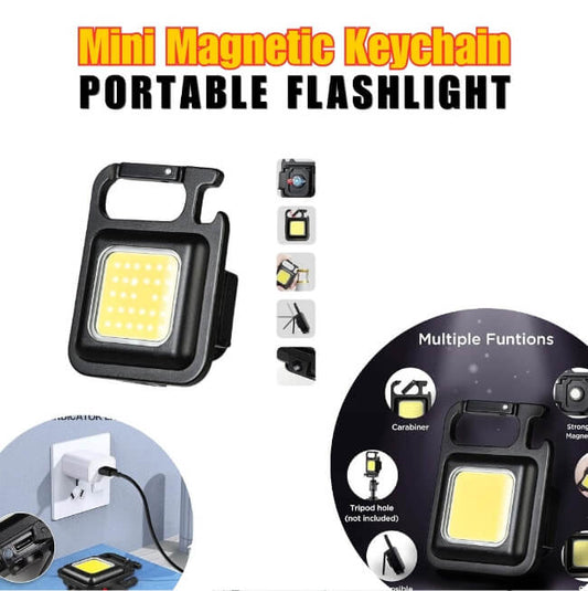 Mini magnetic keychain portable flashlight with multiple functions on a white background