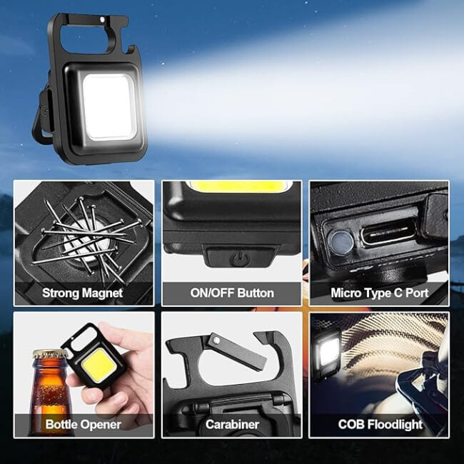 Multifunctional light with various features highlighted on a blue gradient background