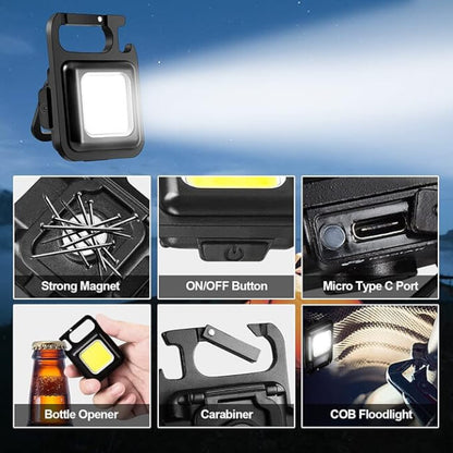 Multifunctional light with various features highlighted on a blue gradient background