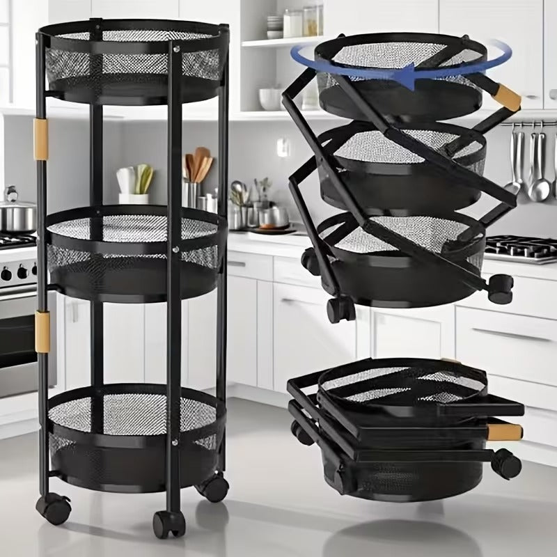 Foldable kitchen storage trolley with caster wheels and three layers