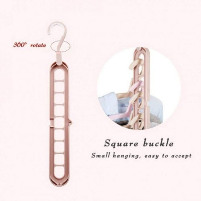 9-hole folding clothes hanger sorting rack shown vertically in a small closet to save space, white organizer