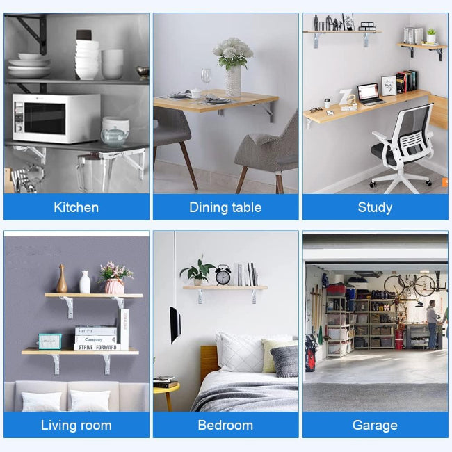 Wall-mounted wooden folding shelf/table in the down position, supported by strong black square steel brackets, used as a small drop-leaf desk in a home office.