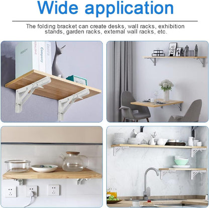 Wall-mounted wooden folding shelf/table in the down position, supported by strong black square steel brackets, used as a small drop-leaf desk in a home office.