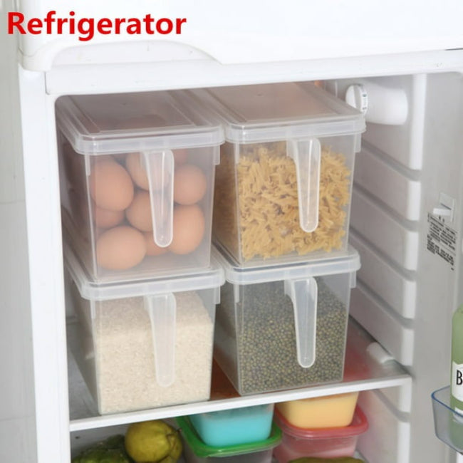 Clear stackable food storage container with handle and lid, plastic organizer bin for fridge, freezer, and cabinet organization