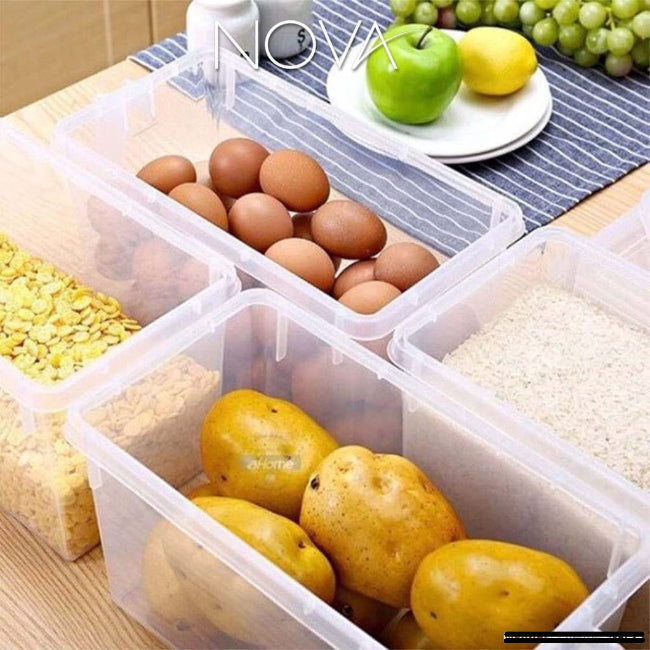 Clear stackable food storage container with handle and lid, plastic organizer bin for fridge, freezer, and cabinet organization