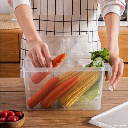 Clear stackable food storage container with handle and lid, plastic organizer bin for fridge, freezer, and cabinet organization