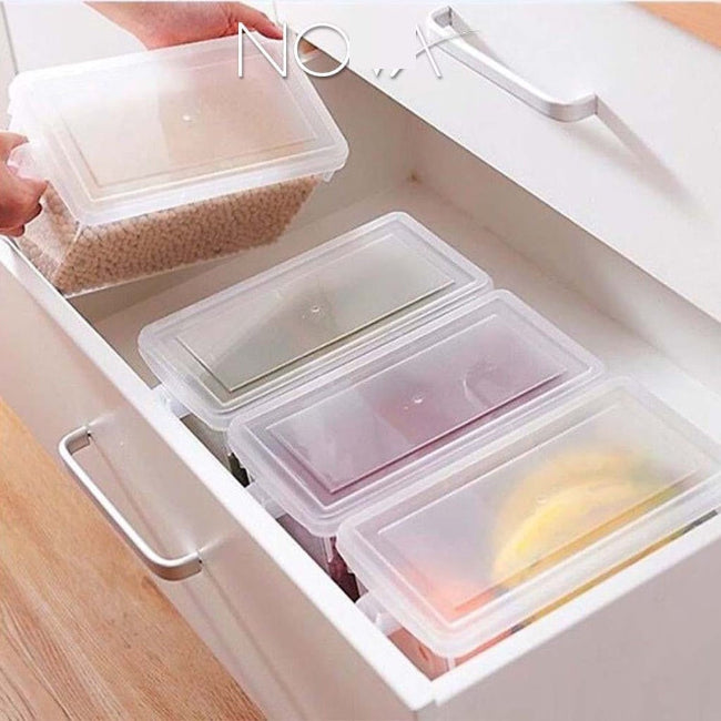 Clear stackable food storage container with handle and lid, plastic organizer bin for fridge, freezer, and cabinet organization