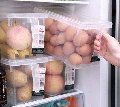 Clear stackable food storage container with handle and lid, plastic organizer bin for fridge, freezer, and cabinet organization