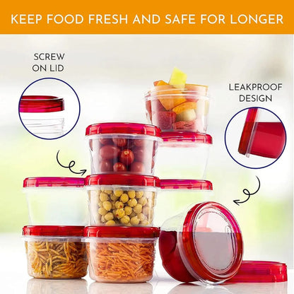 Set of six clear food storage containers with blue screw-on lids, shown stacked neatly in a kitchen pantry, securing dry goods like pasta and flour.