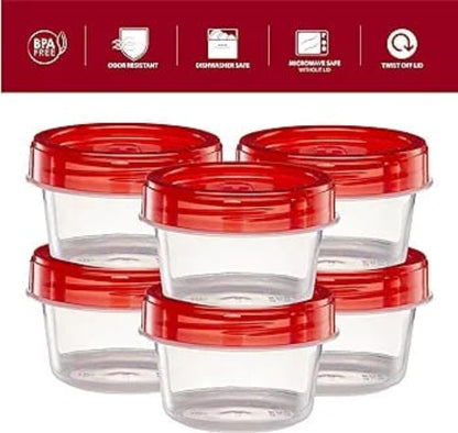 Set of six clear food storage containers with blue screw-on lids, shown stacked neatly in a kitchen pantry, securing dry goods like pasta and flour.