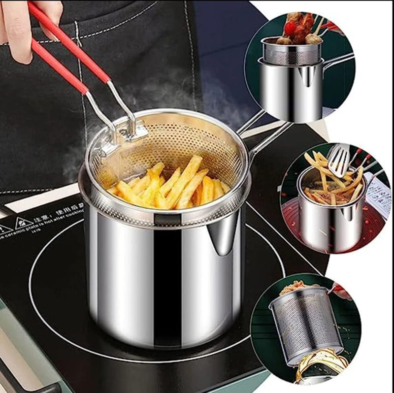 Stainless Steel Deep Fryer Pot Japanese Tempura Small Deep Frying Pan With Strainer Basket for French Fries Chicken Kitchen Pans - AABA MALL