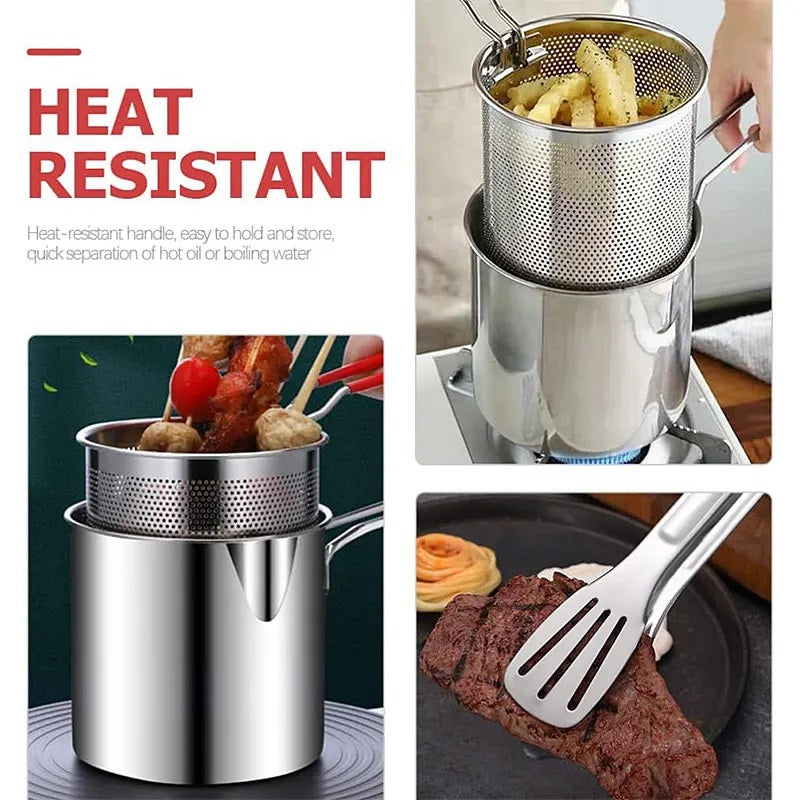 Stainless Steel Deep Fryer Pot Japanese Tempura Small Deep Frying Pan With Strainer Basket for French Fries Chicken Kitchen Pans - AABA MALL