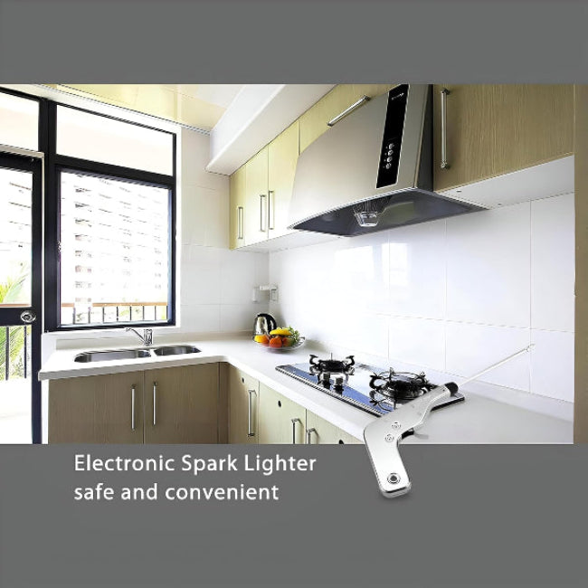 Stainless steel electronic gas lighter with long reach, gun shape igniter for kitchen stove, oven, and grill burners