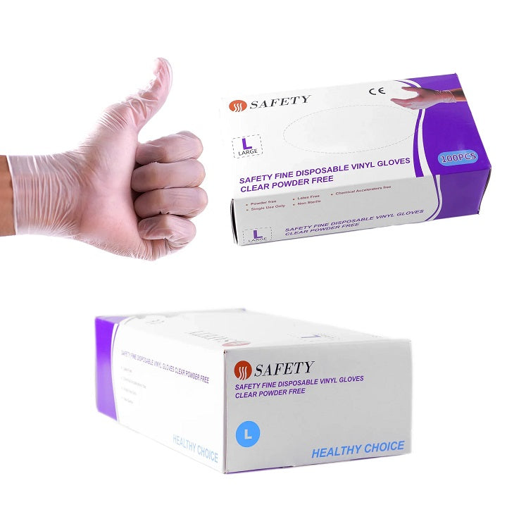 Disposable vinyl gloves with Safety brand packaging on a white background