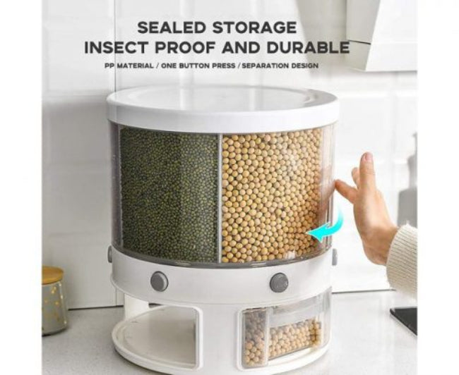 10KG transparent plastic rotating rice and grain dispenser with 6 internal partitioned compartments, shown sitting on a countertop with various grains stored inside.