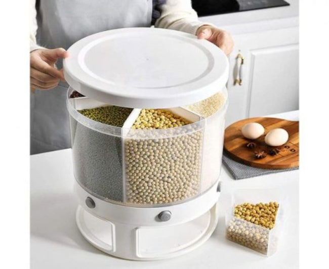 10KG transparent plastic rotating rice and grain dispenser with 6 internal partitioned compartments, shown sitting on a countertop with various grains stored inside.
