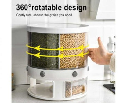 10KG transparent plastic rotating rice and grain dispenser with 6 internal partitioned compartments, shown sitting on a countertop with various grains stored inside.