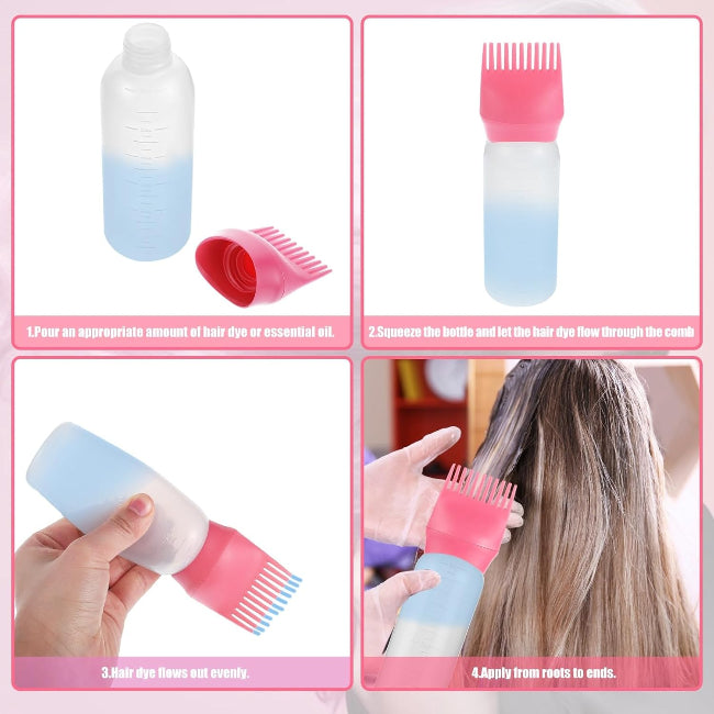 6 oz hair oil comb applicator bottle with graduated scale, liquid dispenser for professional hair dye, oiling, and scalp treatment application