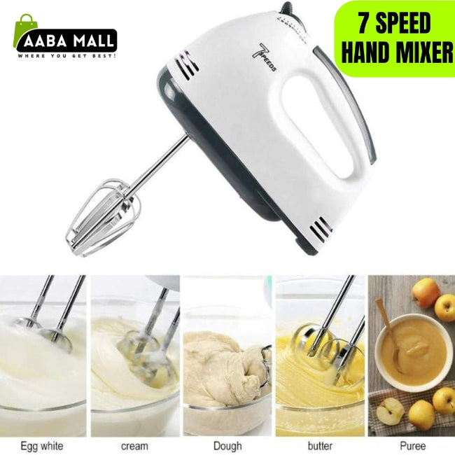 Lightweight 7-speed electric handheld egg beater and cake mixer with beaters attached, kitchen baking tool