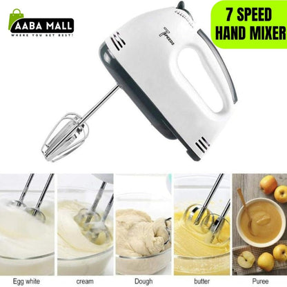 Lightweight 7-speed electric handheld egg beater and cake mixer with beaters attached, kitchen baking tool