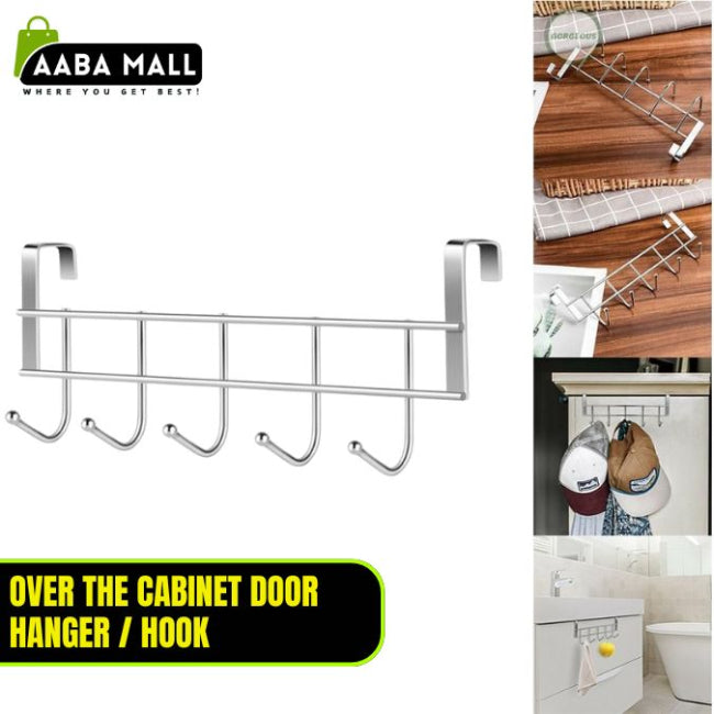 Close-up of 5-tier over-the-door hanger in vintage bronze finish, hanging coats, towels, and bags. Kitchen organization solution.