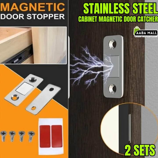 Stainless steel magnetic door catcher with packaging and installation instructions.