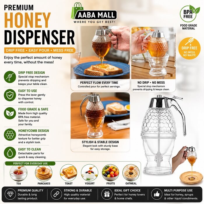 Acrylic honey dispenser with stand for breakfast and tea-time serving