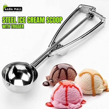 Metallic ice cream scoop with trigger next to ice cream scoops of different flavors on a white background.