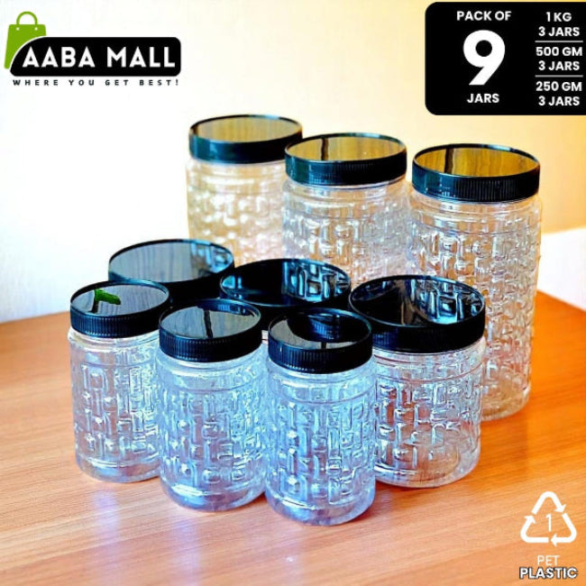 Set of pure plastic food grade snack and spice jars with storage rack, includes 1kg, 500gms, and 250gms containers for masala, sugar, and biscuits