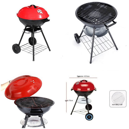 A large 17-inch portable charcoal kettle grill with a black football-shaped lid, sturdy base, carrying handle, and two moving wheels, shown ready for outdoor use.