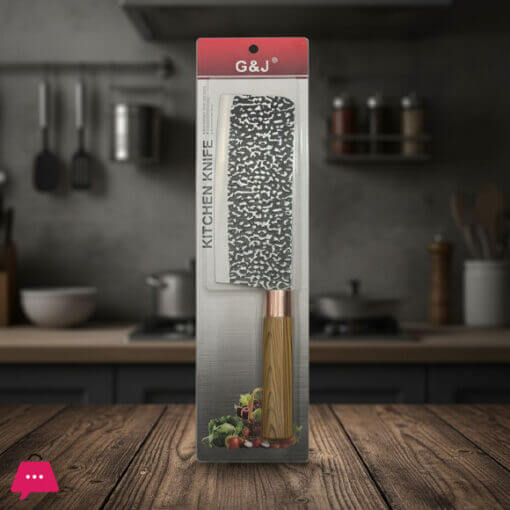 Packaged kitchen knife with wooden handle on a wooden surface in a kitchen setting