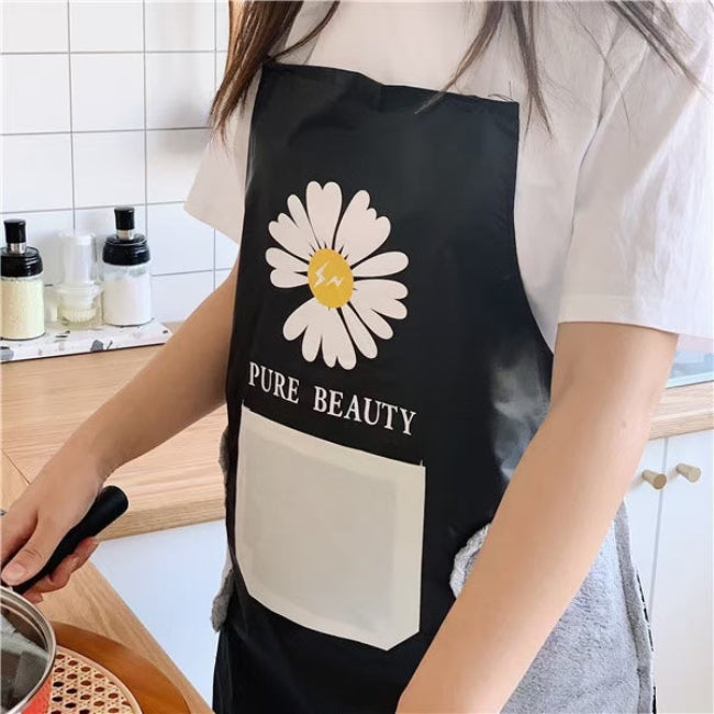 Unisex cute bear kitchen apron with center pocket and side hand towel patches, adjustable neck strap